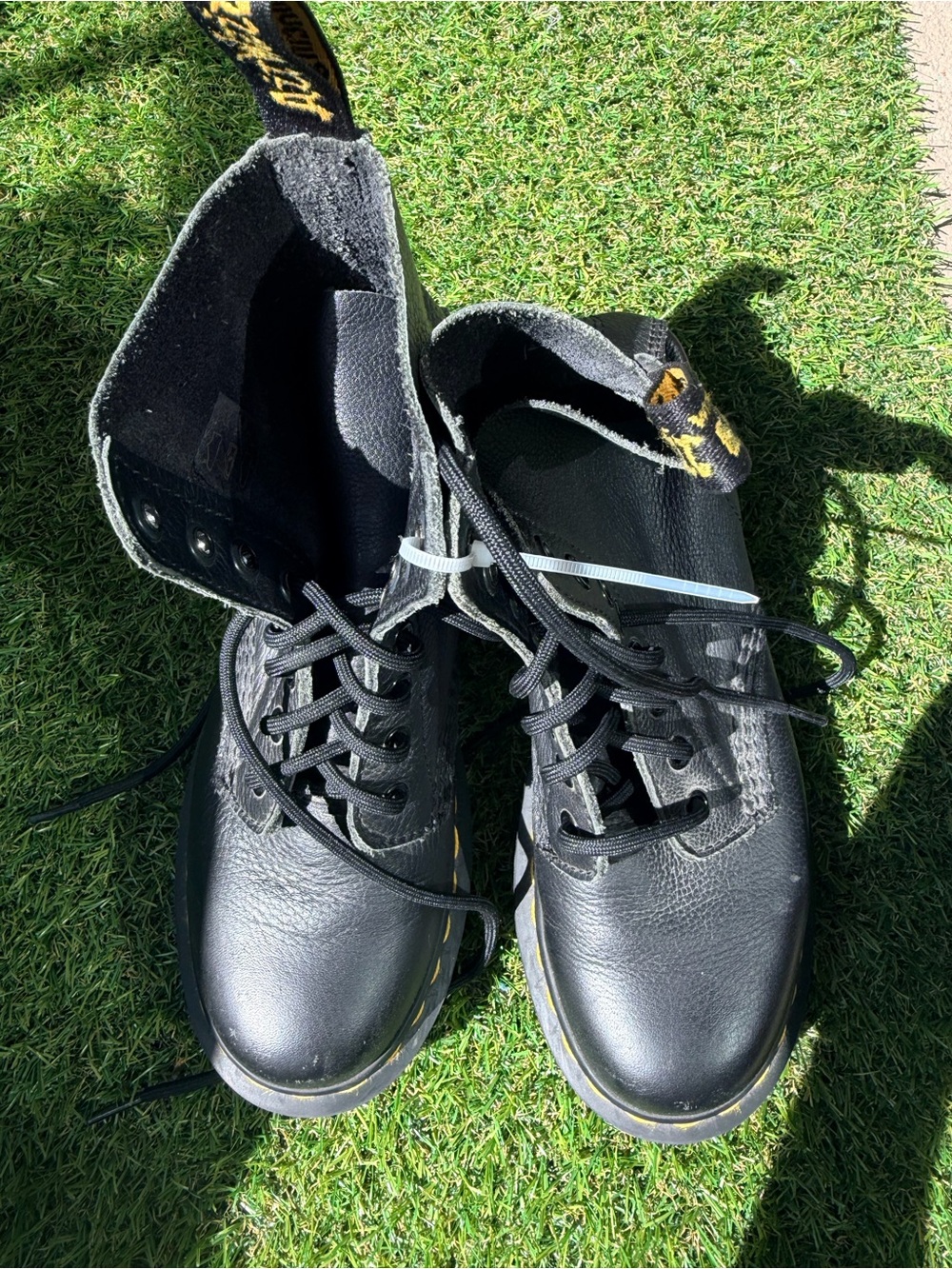 Dr. Martens Black Leather Lace-Up  Combat Boots with Yellow Stitching